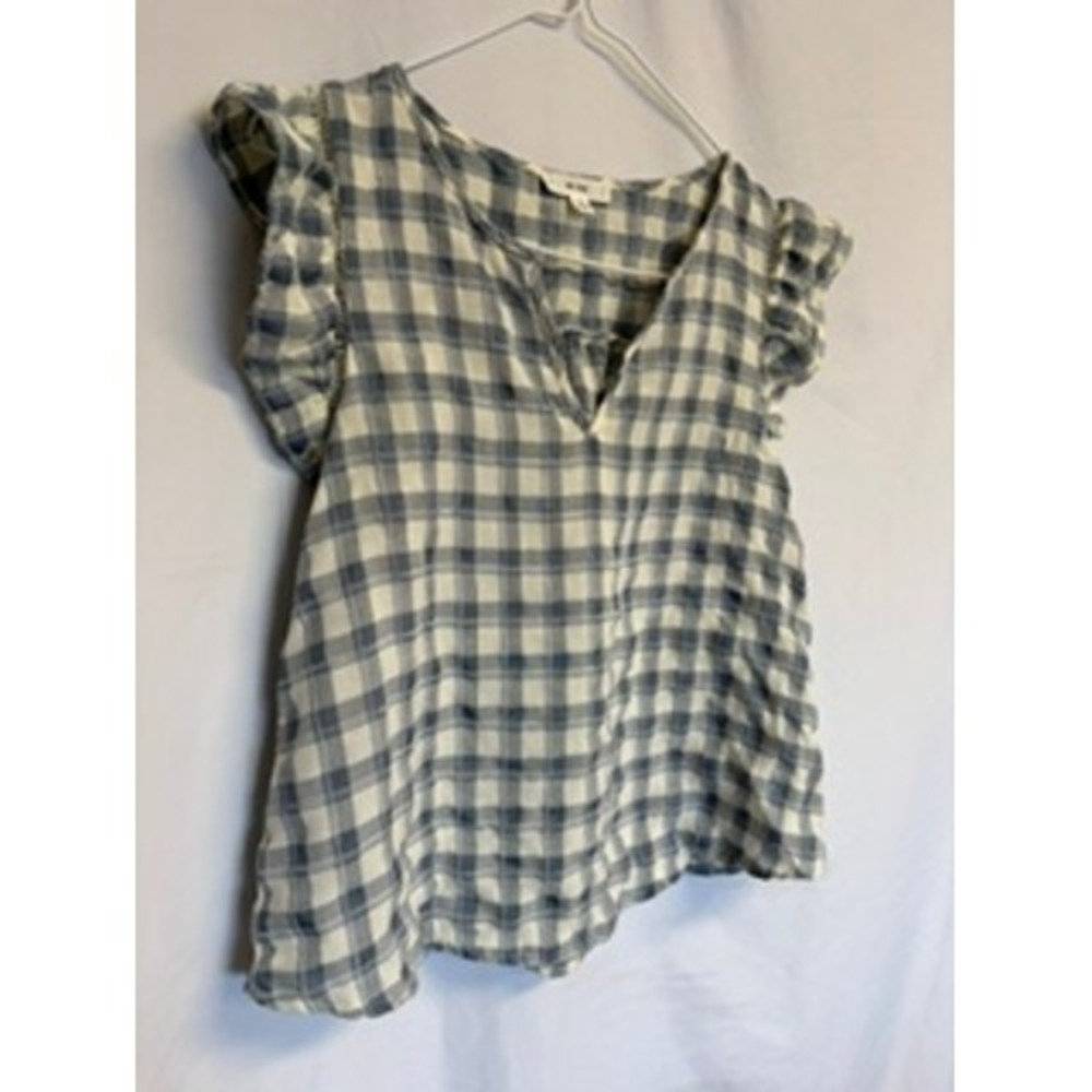 MINE Blue White Plaid Flutter Ruffle Sleeve V-Neck Blouse Top Small Cottagecore